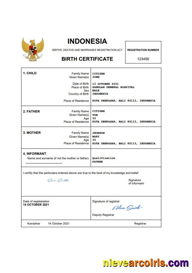 Indonesia birth certificate